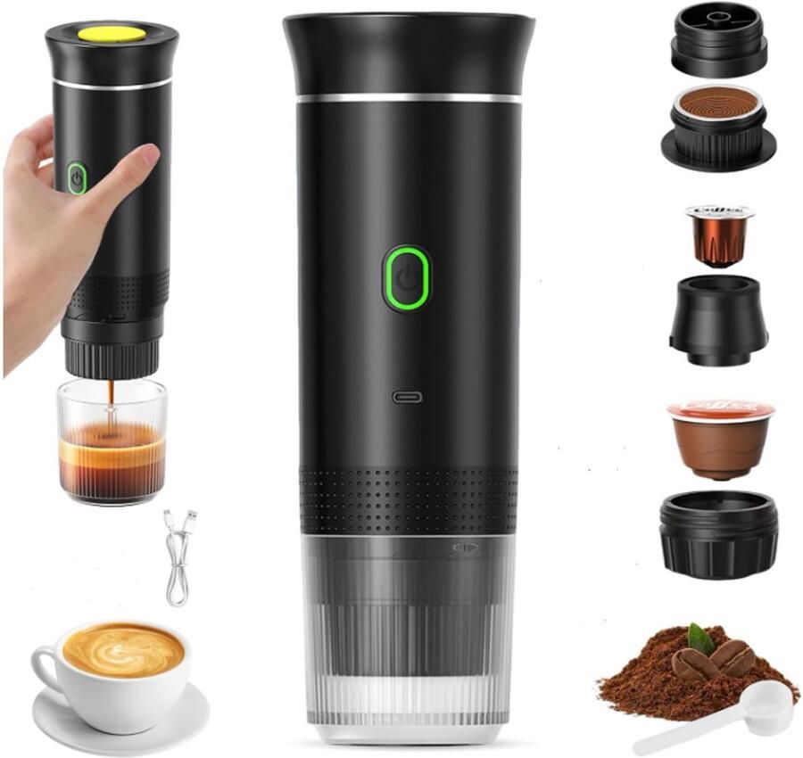 Draagbare reiskoffiemachine 3-in-1 draagbare koffiezetapparaat met snelle verwarming 12V zelfverwarmend in 4 tot 6 minuten geschikt voor grote koffiecapsules en gemalen koffie. Ideaal voor kamperen kantoor thuis en auto (zwart)