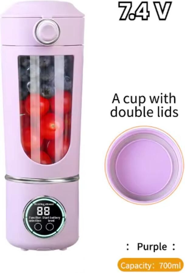 Draagbare sapcentrifuge blender grote capaciteit van 700 ml duurzame stalen messen 2-in-1 mengbeker draagbare smoothiemaker smoothiemaker paars
