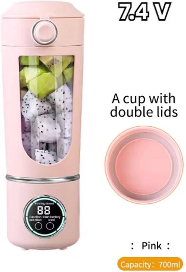 Draagbare sapcentrifuge blender grote capaciteit van 700 ml duurzame stalen messen 2-in-1 mengbeker draagbare smoothiemaker smoothiemaker roze