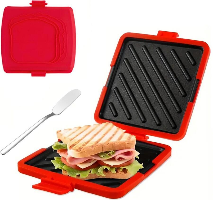 Draagbare Siliconen Tosti Maker met Boter Mes Broodrooster Non-Stick Sandwich Pers voor Magnetron Rood Ontbijt Gadget 16x16x3 cm