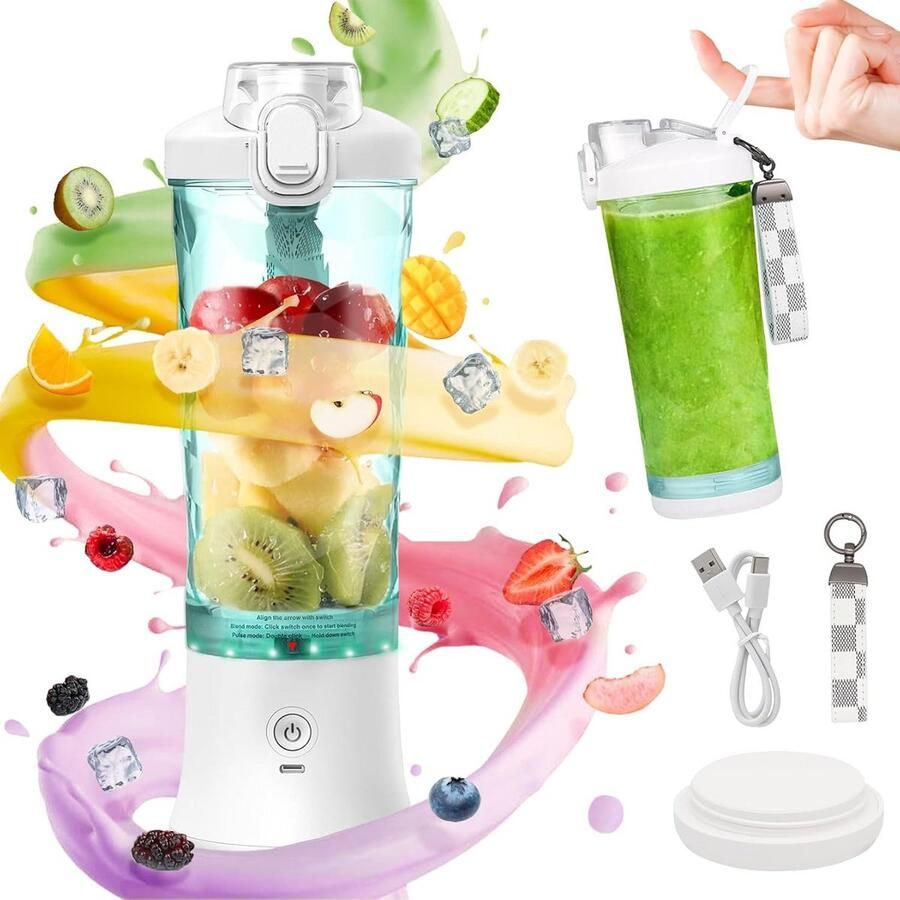 Draagbare mixer 600 ml smoothie maker to go draagbare sapcentrifuge met 6 messen en USB-oplaadbaar voor sportschool kantoor en reizen (wit)