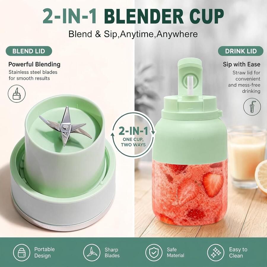 Draagbare smoothie maker met 1200 ml capaciteit draadloos en oplaadbaar ideaal voor fitness kantoor en reizen lekvrij deksel en handige blenderfles