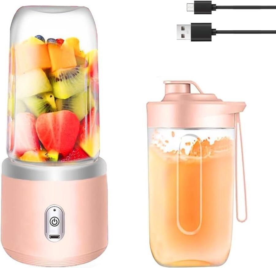 Draagbare Smoothie Maker van 400ml met Reisdeksel USB Mini Blender voor Verse Sappen Fruit Smoothies en Shakes met 6 Bladen Roze Kleur
