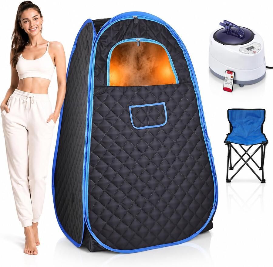 Draagbare stoomsauna thuis opvouwbare stoomsaunabine met 2 l 1000 W stoomgenerator afstandsbediening 9 temperatuurniveaus timer 0-99 minuten saunatent met stoel voor ontgifting afvallen