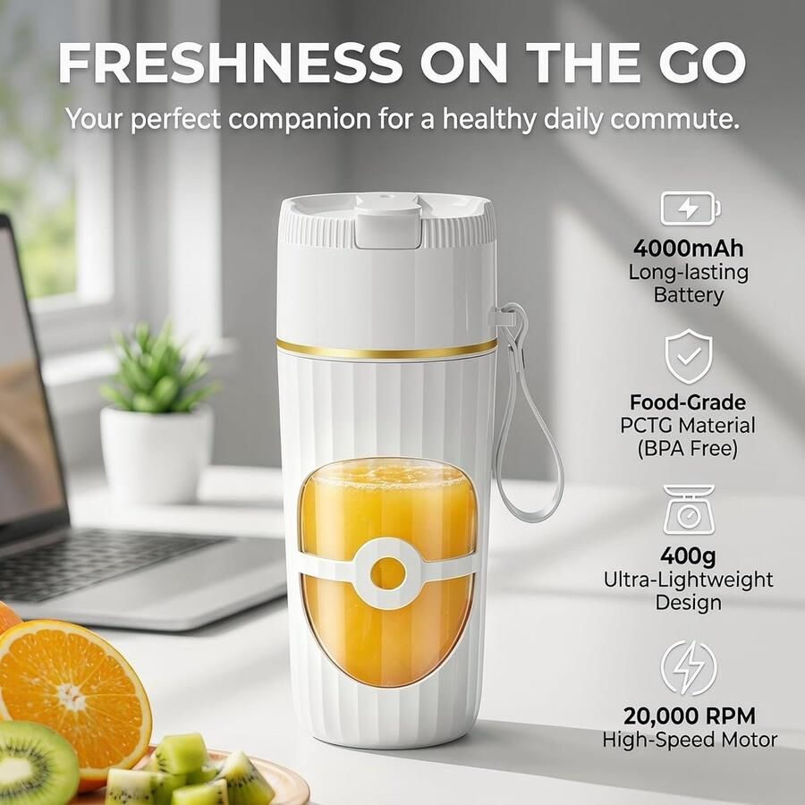 Draagbare USB-oplaadbare smoothiemaker 400 ml mini-blender met 10 roestvrijstalen messen voor shakes sap en babyvoeding (wit)