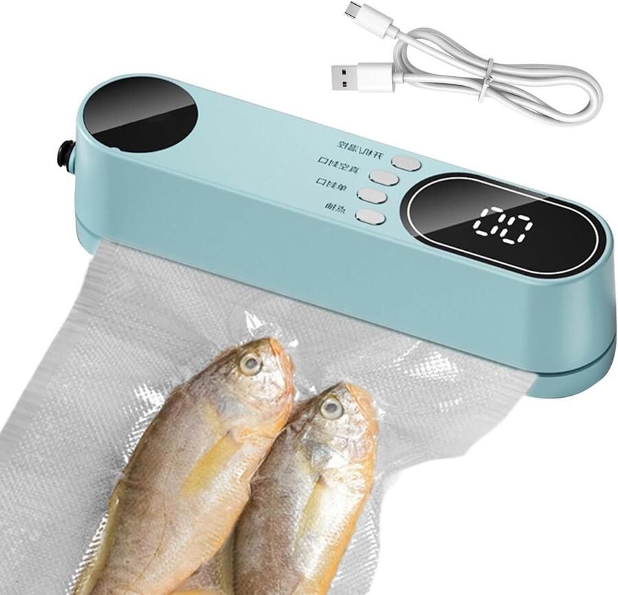 Draagbare Vacumeermachine Voedsel Sealer Voedsel Bewaren Draadloos Oplaadbaar 19.5 cm Blauw