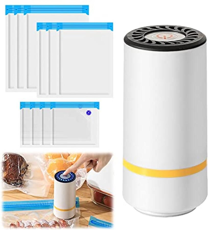 Draagbare vacuümmachine voor levensmiddelen met USB-oplaadfunctie en 10 herbruikbare zakken