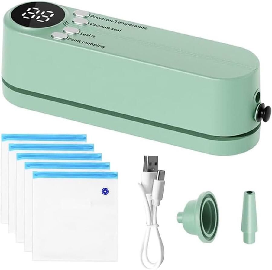 Draagbare vacuümsealer (60 KPA) – 3 temperatuurstanden 5 zakken + adapters voor opblaas- luchtextractie (snack- voedselopslag)