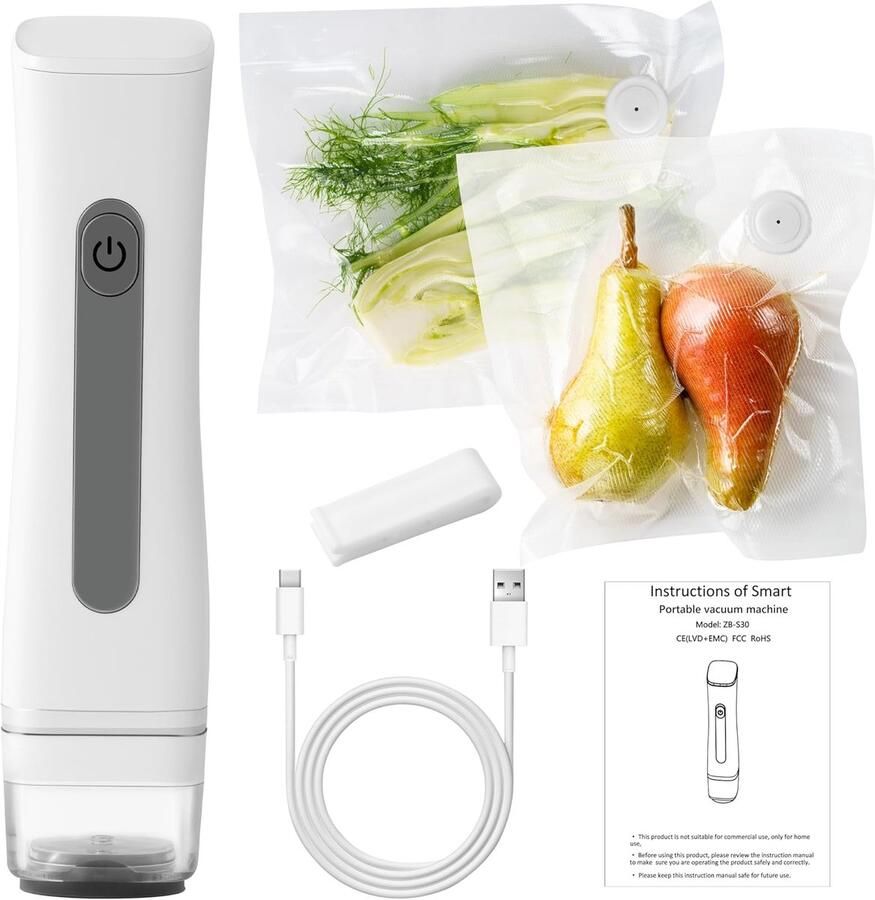 Draagbare vacuümsealer Voedsel opslag Luchtledig sluiten Compact en draadloos Herbruikbare zakken Wit