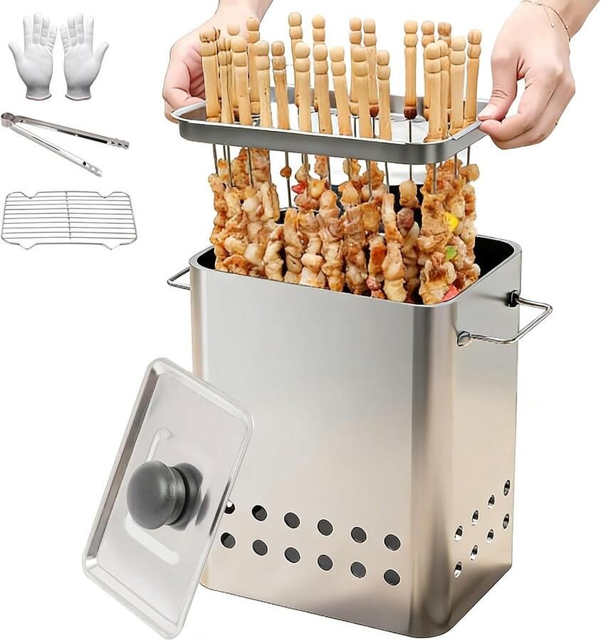 Draagbare Verticale Smoker Grill Houtskool BBQ Buiten Koken 360 Graden Gelijkmatige Verwarming Tot 26 Spiesjes Zilverkleurig