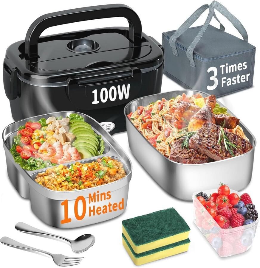 Draagbare Verwarmde Lunchbox 3-in-1 Elektrische Broodtrommel voor Auto en Kantoor