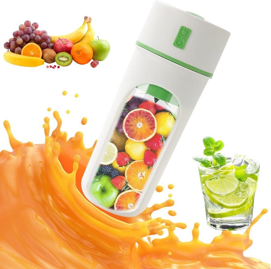 Draagbare via USB oplaadbare elektrische sapcentrifuge mini-beker van 480 ml voor sinaasappel- en citroensap 1200 mAh batterij gemakkelijk schoon te maken (groen)