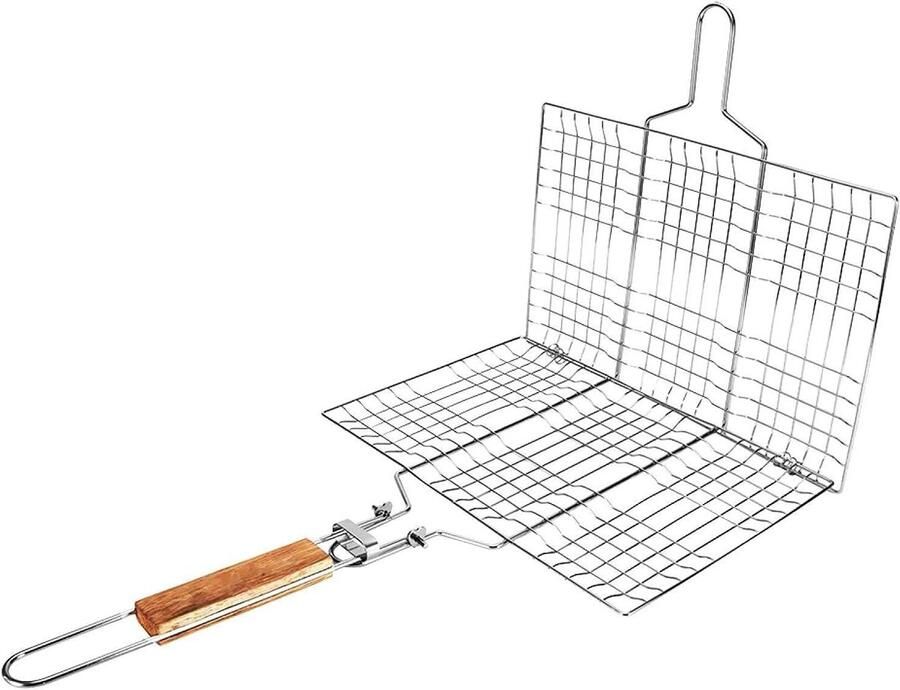 Draagbare Visgrillmand Grillaccessoires Roestvrij Staal Buiten Koken Hittebestendig Houten Handvat 34.5 cm Lengte Zilver