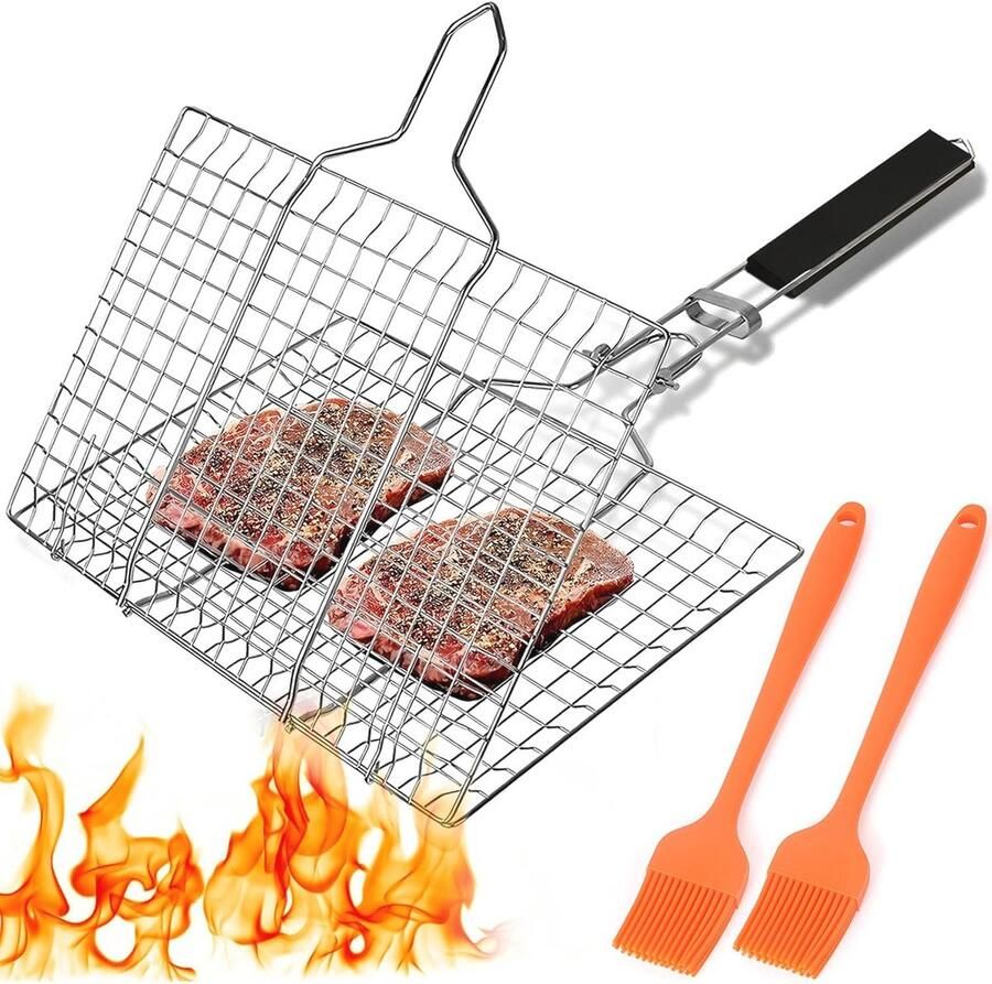Draagbare Visgrillmand met 2 Borstels Roestvrij Staal voor Outdoor BBQ en Camping