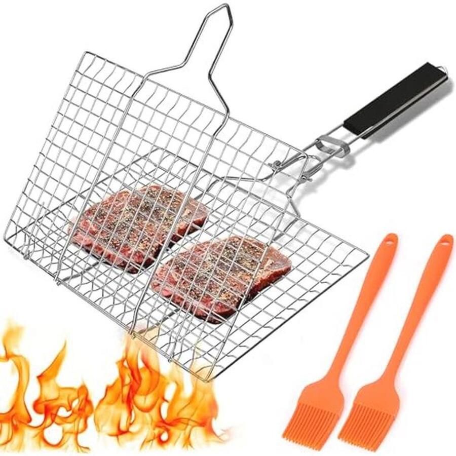 Draagbare Visgrillmand met 2 Borstels Roestvrij Staal voor Outdoor BBQ en Camping