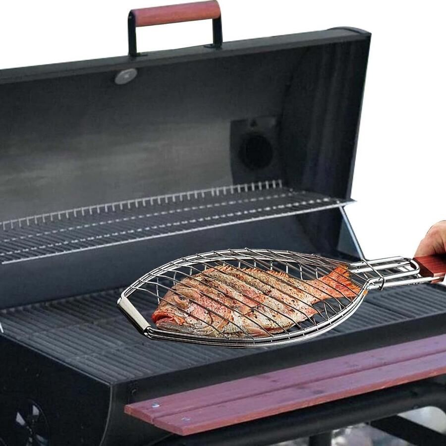Draagbare visgrillmand Roestvrij staal BBQ Kookervaring Afsluitbaar rooster 50 x 150 mm Zilver