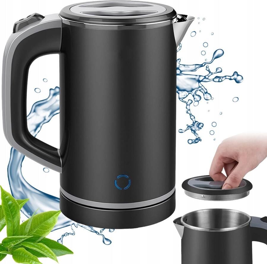 Draagbare Waterkoker 800 ml Reis Waterkoker Mini Waterkoker 304 RVS Automatische Uitschakeling & Droogkookbeveiliging Afneembaar Deksel 600W Voor Thuis & Reizen & Kantoor & Hotel Zwart