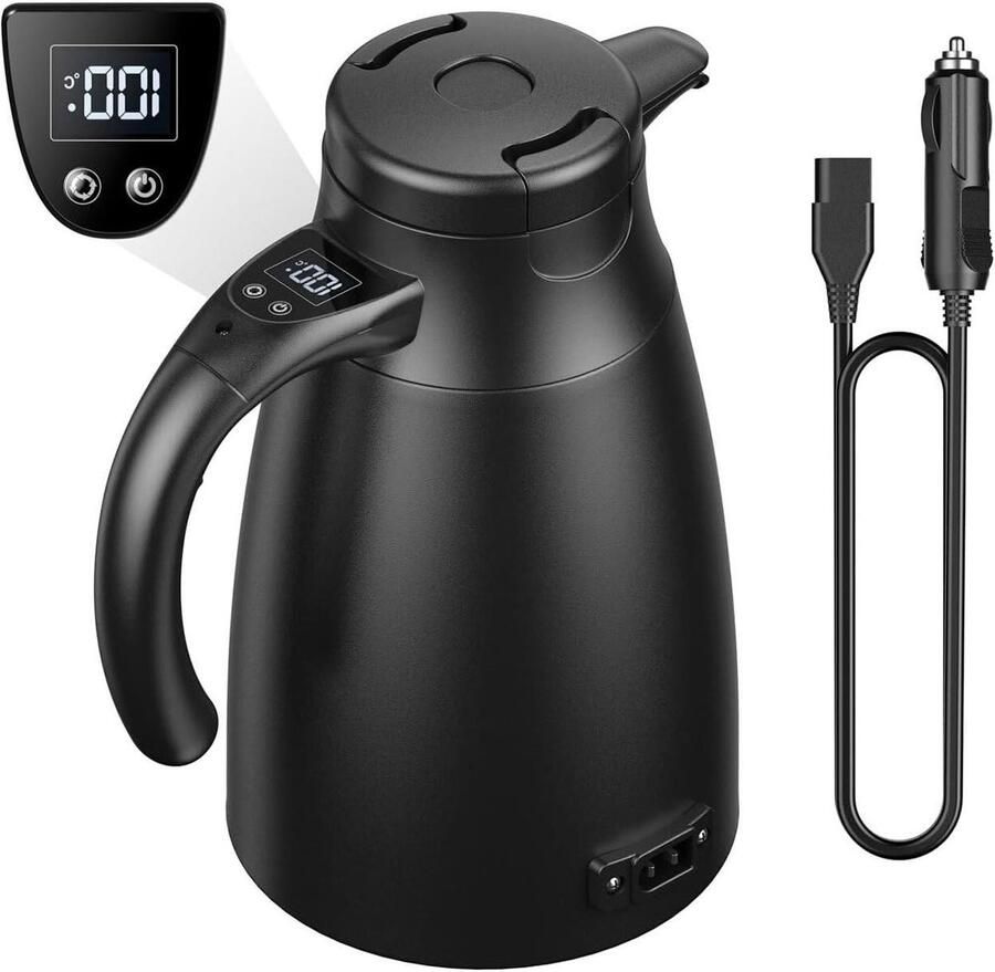 Draagbare Waterkoker Auto Waterkoker Onderweg Warm Water Digitale Temperatuurweergave 1200 ml Zilver