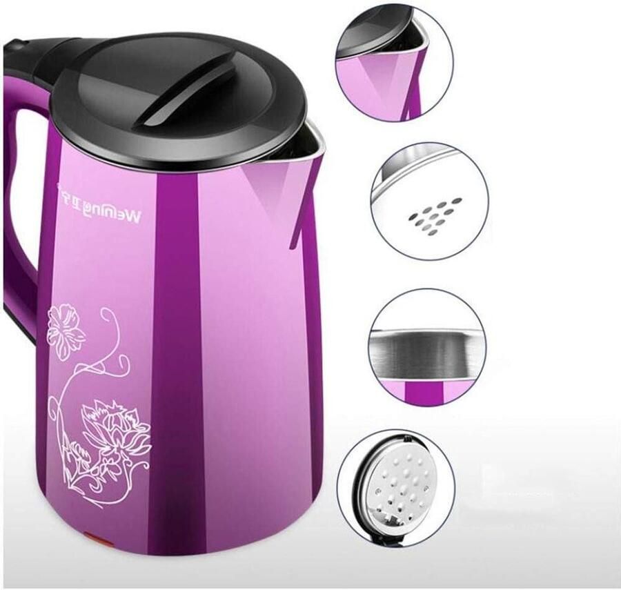 Draagbare Waterkoker Dubbelwandige Waterkan Snel Water Koken Anti-broei Isolatie 2.2L Paars