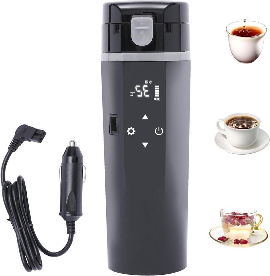Draagbare waterkoker Elektrische reisbeker Verwarmde waterbeker Onderweg water koken Intelligente temperatuurregeling 500 ml Zwart