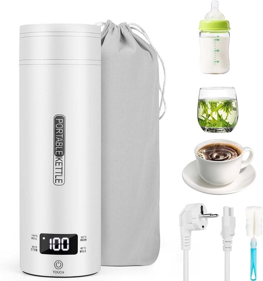 Draagbare Waterkoker met Temperatuurregeling Elektrische Mini-heetwaterdispenser met Borstel en Opbergzak Reis Waterkoker 500 ml