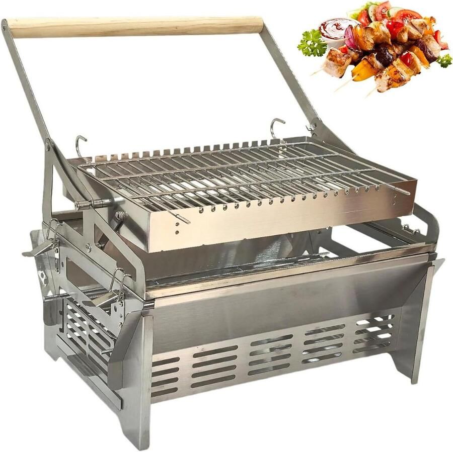 Draaibare Barbecue Grill Flip Grill Buiten Koken Dubbelzijdig Draaien 3 Verstelbare Posities Zilver
