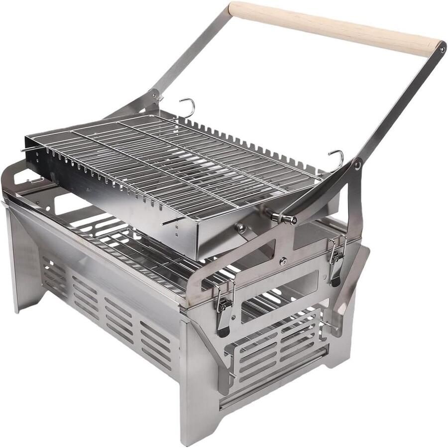 Draaibare Barbecue Grill Houtskoolbarbecue Kamperen Buiten Koken 360 Graden Draaibaar 39.5 x 28 cm Zilver