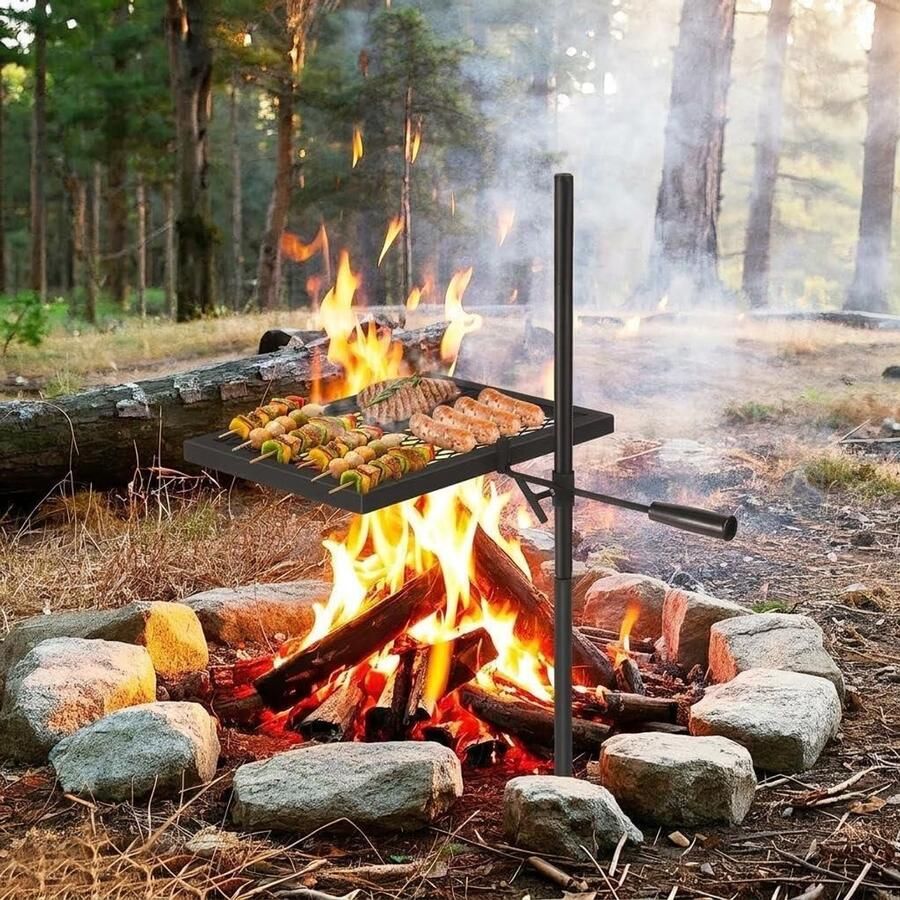 Draaibare campinggrill Outdoor barbecue Buiten koken In hoogte verstelbaar 42 x 32 cm Zwart