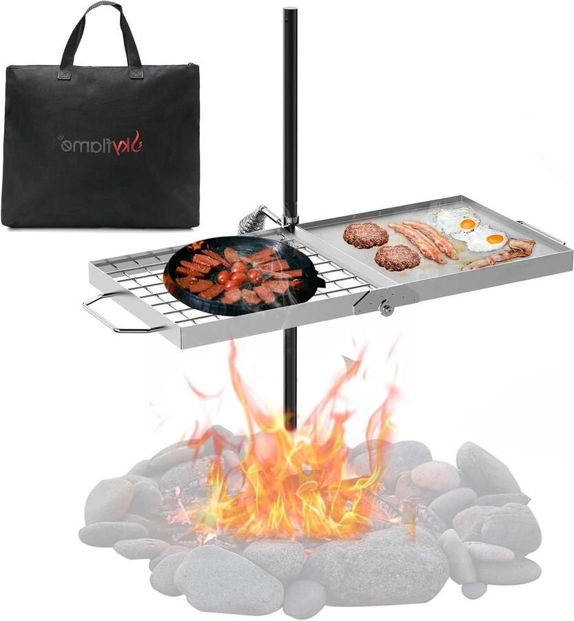 Draaibare Kampvuurgrill Vouwrooster Bakplaat Buiten Koken Combinatie Grill en Bakplaat Opvouwbaar Zilver