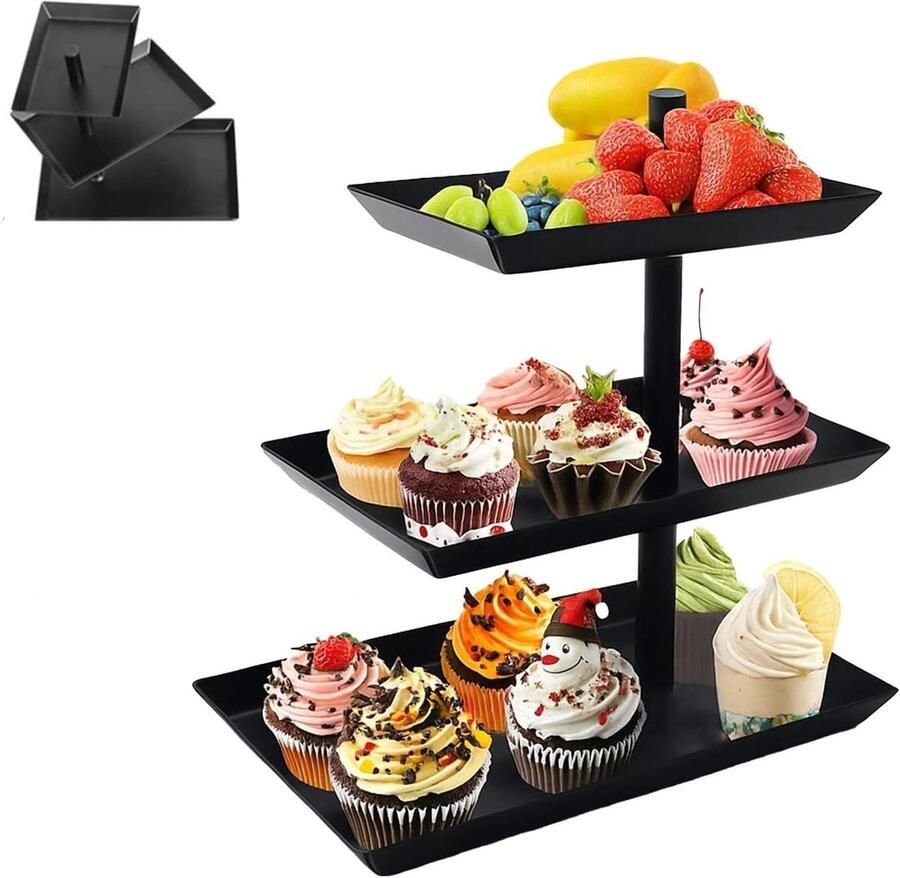 Drie-laags draaibare fruit- en taartstandaard met 360° rotatie metalen serveerschaal voor snacks desserts en feesten