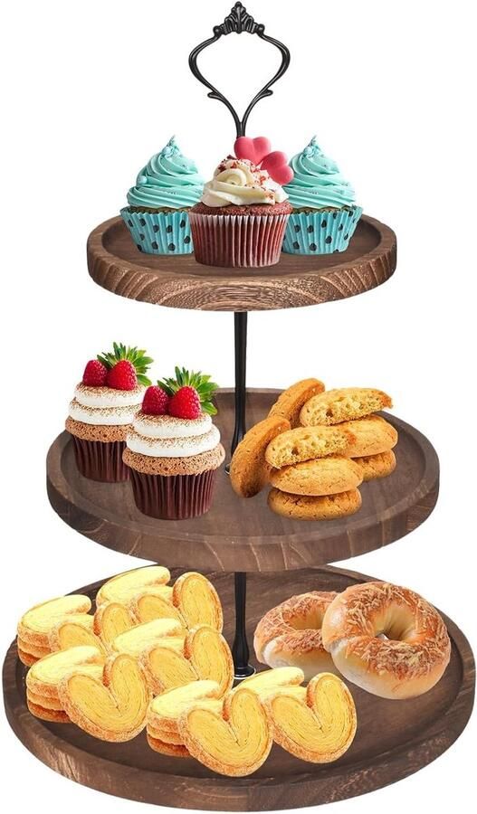 Drie-laags houten taartstandaard voor fruit en buffetaccessoires Perfect voor verjaardagsfeesten babyshowers en bruiloften 25 x 36 cm