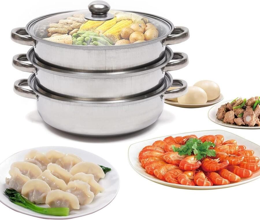 Drie-laags Stoompan Kookpan Stomer Gezond Koken Roestvrij Staal 28 cm Zilverkleurig
