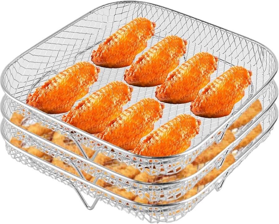 Drie Stapelbaar Dehydrator Rack voor Air Fryer 304 Roestvrij Staal Vierkant Luchtfriteuse Rek Accessoires voor Heteluchtfriteuse
