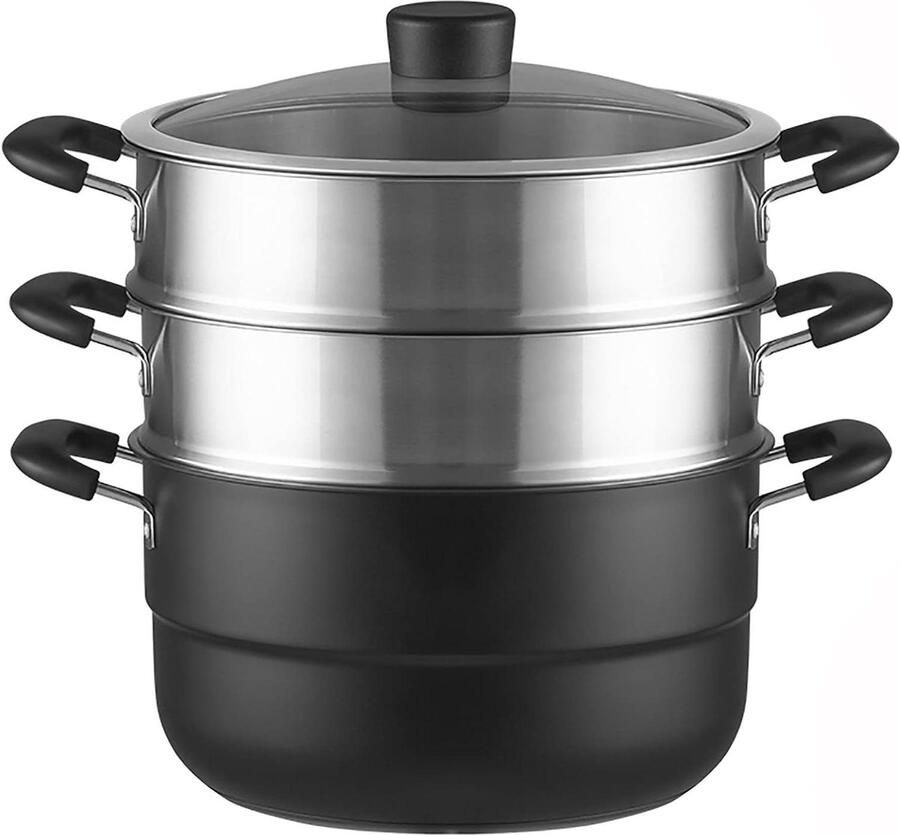 Drielaags Stoompan Kookpan Stoom Gezond Koken Glazen Deksel 26 cm Zilver Zwart