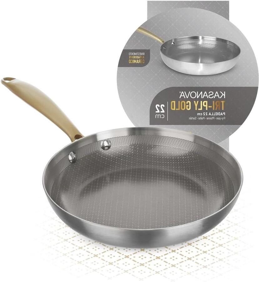 Drielaagse Braadpan Koekenpan Gelijkmatig Koken Ultrasterke Keramische Coating 22 cm Goud