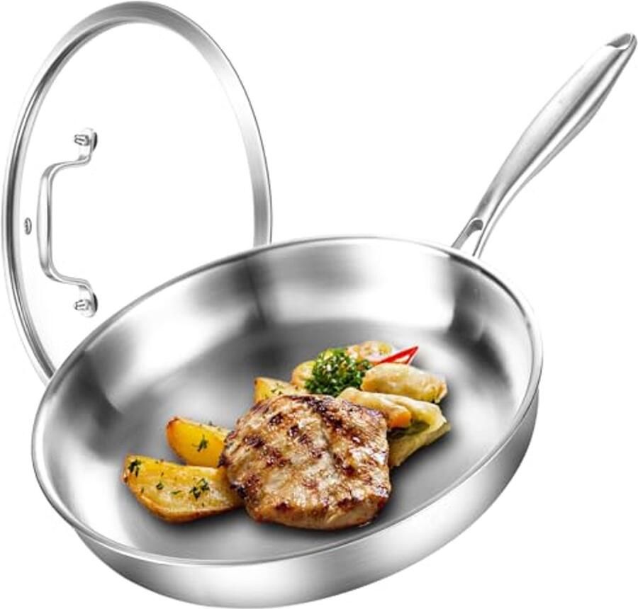 Drielaagse roestvrijstalen koekenpan met deksel optimale warmteverdeling inductie geschikt 24 cm