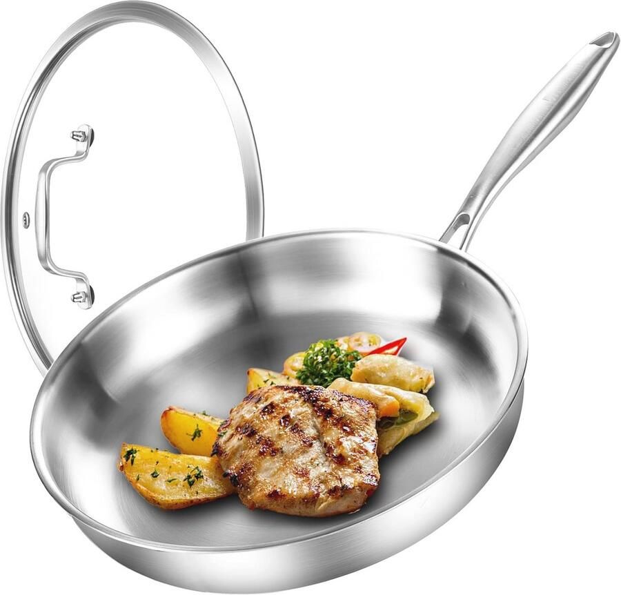 Drielaagse roestvrijstalen koekenpan met deksel optimale warmteverdeling inductie geschikt 24 cm