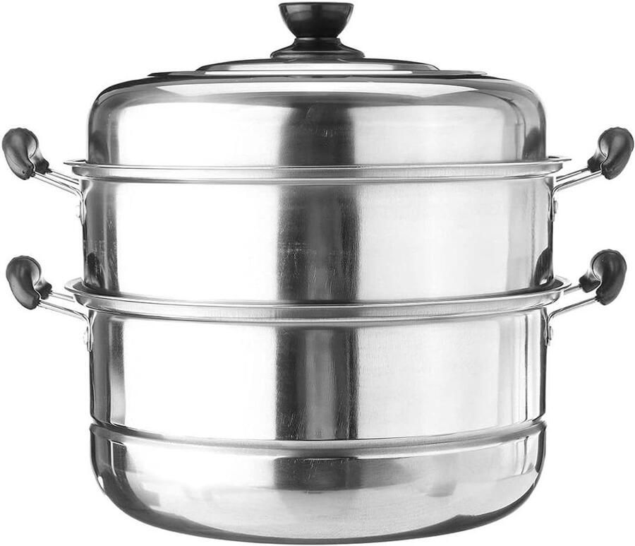Drielaagse Soeppan Kookpan Stoofpan Gezond Koken Gelijkmatige Stoomverdeling 28 cm Zilverkleurig