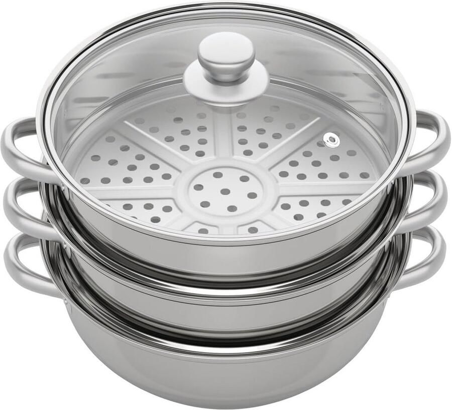 Stoompan Stoommandje Stoofpan met Deksel 3 Laags Zilver met Zwart Stoof