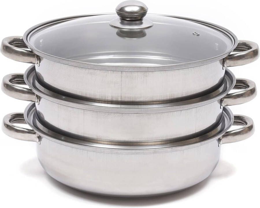 Drielaagse Stoompan met Glazen Deksel Stoomkoker en Kookpan 28 cm