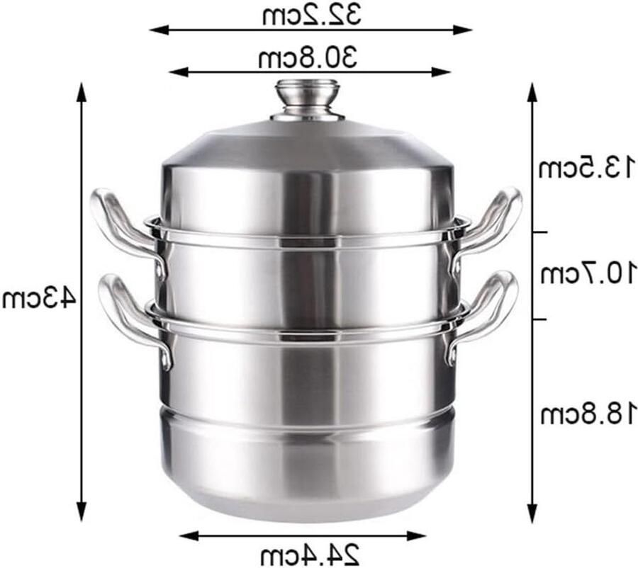 Drielaagse stoompan Stapelbare pan Gezond koken Roestvrij staal 32cm diameter Zilverkleurig