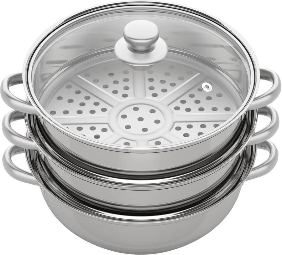Drielaagse Stoompan Stoomkoker Keuken Gezond Koken Roestvrij Staal 28 cm Diameter Zilver