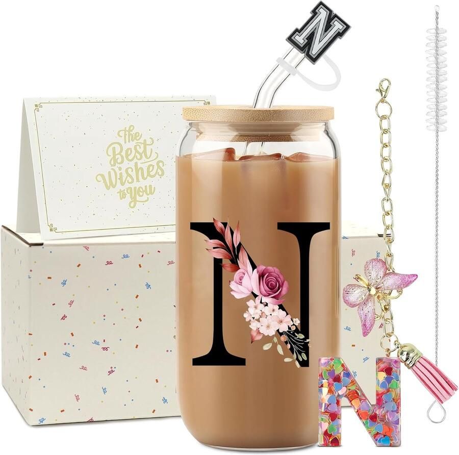 Drinkbeker met rietje letters A-Z originele cadeaus voor dames 500 ml glazen beker met rietje deksel en sleutelhanger ideaal verjaardagscadeau voor dames leraren moeder beste vriendin
