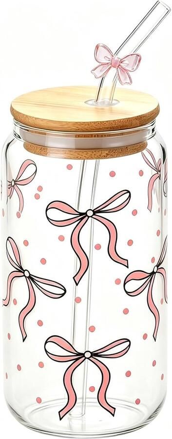 Drinkglas met deksel en rietje 450 ml blikjesdesign madeliefjes of strikken veelzijdig inzetbaar voor ijskoffie smoothies matcha bubble tea en cocktails (bowk)