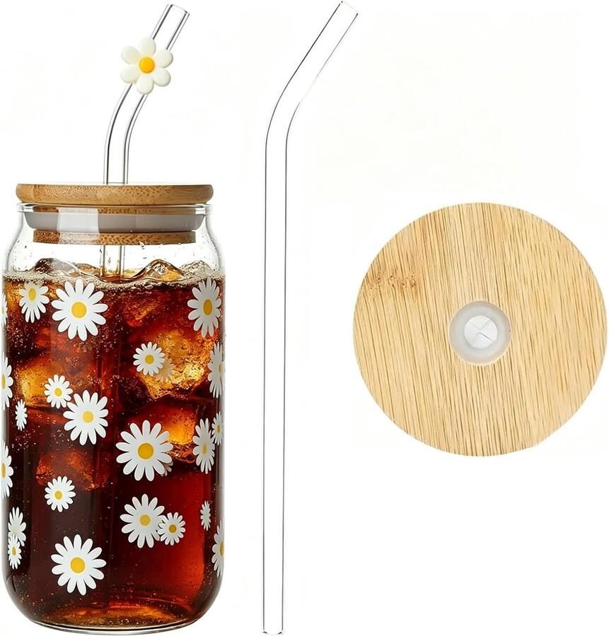 Drinkglas met deksel en rietje 450 ml blikjesdesign madeliefjes of strikken veelzijdig inzetbaar voor ijskoffie smoothies matcha bubble tea en cocktails (madeliefjes)