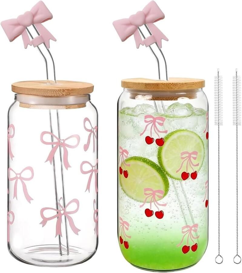 Drinkglas met rietje van glas set van 2 (500 ml) met roze strik inclusief 2 stijve rietjes beschermhoezen en hygiënische borstels perfect voor matcha latte en zomercocktails