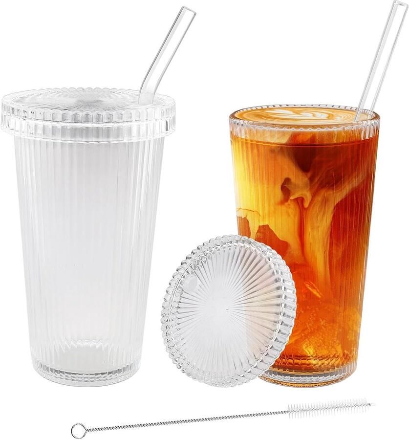 Drinkglazen met deksel en rietje 2 stuks 375 ml koffiemok matcha-glas bubbelglazen voor water cocktails ijskoffie ijsthee en soda