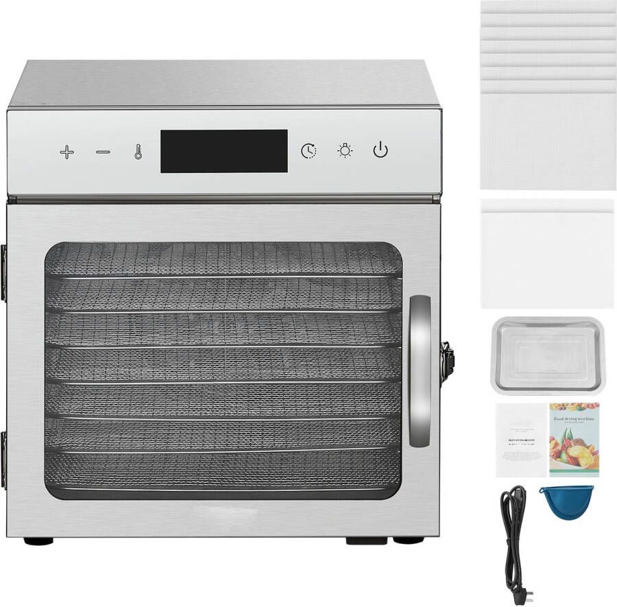 Drogingsapparaat – 8 Roestvrijstalen Schalen 400W Elektrische Dörrautomat met Instelbare Temperatuur en 24-Uur Timer Ideaal voor Drogen van Gedroogd Vlees Fruit Groenten Kruiden en Hondensnacks
