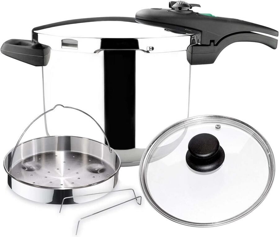 Drukpan RVS 6 Liter met Stoommandje en Glazen Deksel voor Alle Warmtebronnen