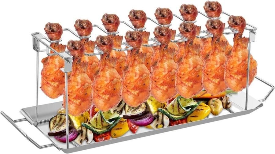 Kippenbouten Grillrek Kiphouder BBQ Gelijkmatig Grillen 14 Sleuven 383 x 145 x 57 cm Zilver